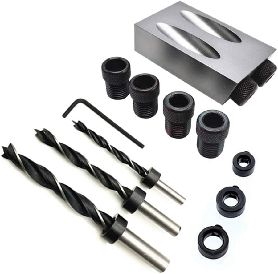Pockethole Jig 14 Pcs Mini With Dowel 15° Angle Tool Drill Bit Joint Screw Wood For DIY WoodWorking Set Inclined Hole Kit System(Silver Grey)
