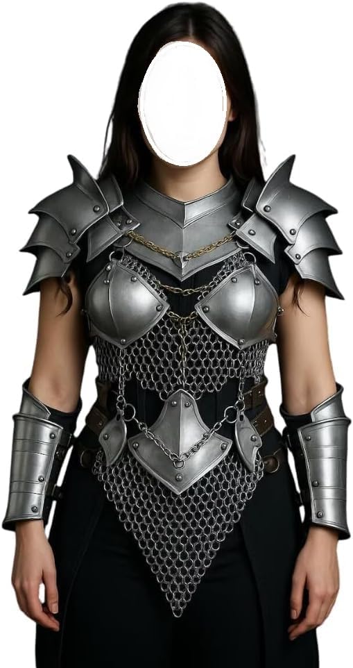 Medieval Knight Brave Lady Armor Pauldron Set Wth Gorget-Arm Bracers & Chainmail With Tasset-Female Armor Breastplate-Perfect For Renaissance, LARP, Cosplay, Fantasy & Ren-fair Halloween Party Costume