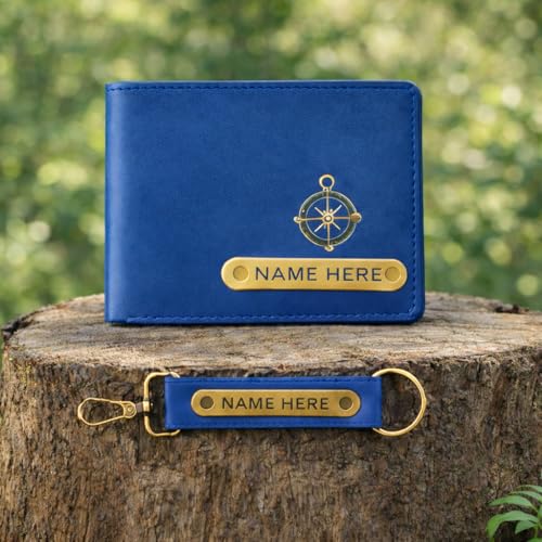 Image of Premium Customized Wallet & Keychain Combo for Men - Stylish Nexon Leather Gift Set with Personalized Name & Charm - Ideal Birthday, Anniversary & Festival Present (Blue)