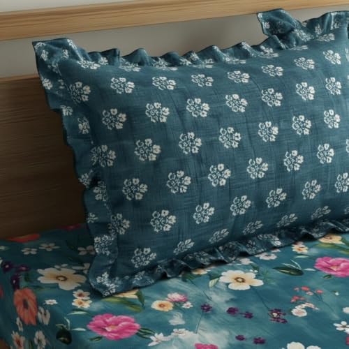 Image of Home Sizzler Floral Frill Border Microfibre King Size Pillow Covers (18 X 27 Inches) - Teal Green, Set of 2