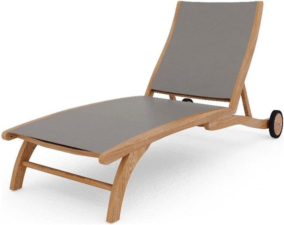 Pemberly Row Modern Teak Outdoor Reclining Chaise Lounger, Taupe Sling Seat, Adjustable 5-Position Backrest, Wheels for Mobility, Hand-Sanded Teak, Durable Patio Deck or Poolside Furniture