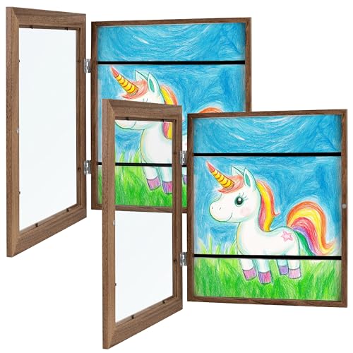 Image of Zenacolor Kids Artwork Frames Changeable - Front-Opening to Display & Store 100 pcs - Set of 2 Kids Art Frame Includes Wall Hooks & Stand - 8.5x11cm - Wood