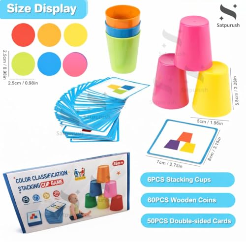 Image of Educational Color Classification Stacking Cup Game for Kids (36 Months+) | Montessori Learning Toy with 6 Stacking Cups, 60 Color Coins & 50 Double-Sided Activity Cards. (Color Match Set)