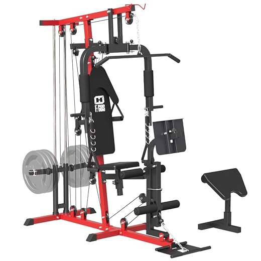 Home Gym System Workout Station, Multifunctional Full Body Home Gym Equipment with Pulley System, Plate Loaded Strength Training Machine with All Exercise Attachments for Total Body Workout