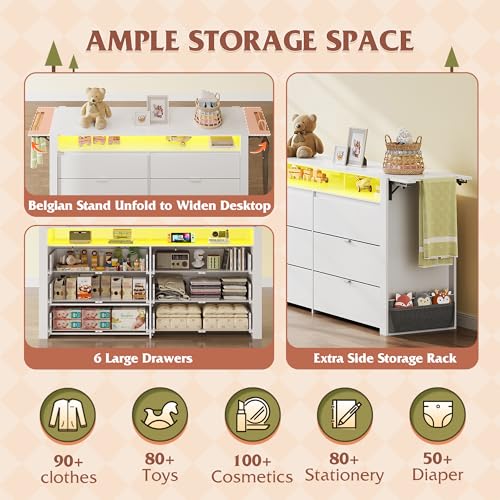 WLIVE 78 Inch Dresser for Bedroom, Large Chest of Drawers Expandable White Wood Dresser from 5'3" to 6'5'' with Flexible Shelves and Hanging Rack, Led Dressers for Living Room (85'' TV)