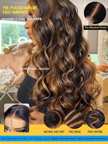 Image of Sunber Ombre Brown Balayage Body Wave Human Hair Glueless Wigs Bye Bye Slip Upgrade 3D Cap Pre Cut 7x5 Lace Front Put On Go 3S Wear Pre Plucked Invisible Knots Highlights Brown Body Wave Wig 26Inch