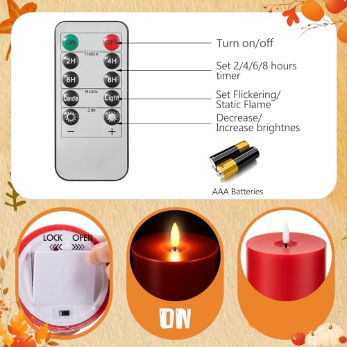 Image of Retisee 3 Pcs Fall 6 /8 /12 Inches Flameless LED Candles with Remote and 2 /4 /8h Timer Red Orange Brown Battery Operated Wax Flickering Candles for Autumn Thanksgiving Harvest Party Desktop Home Decor