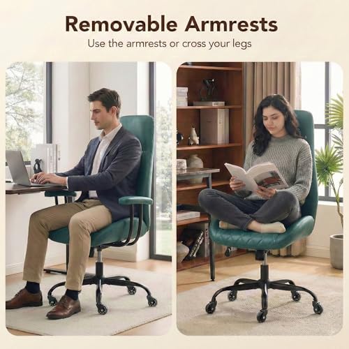 Image of E-Motie Office Chair with Rubber Wheels, Ergonomic Computer Chair 500 lbs, Leather Desk Chair with Lumbar Support, Executive Chair Adjustable Height & Recline, Green