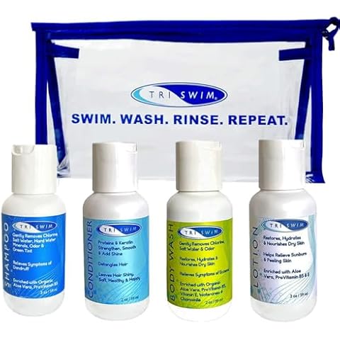 TRISWIM Shot Set Travel Set in Cosmetic Bag with Shampoo, Body Wash, Lotion, and Conditioner for Hydrated Skin and Healthy Hair Cover