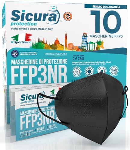 10 Mascherine FFP3 Certificate CE Nere Made in Italy e logo...