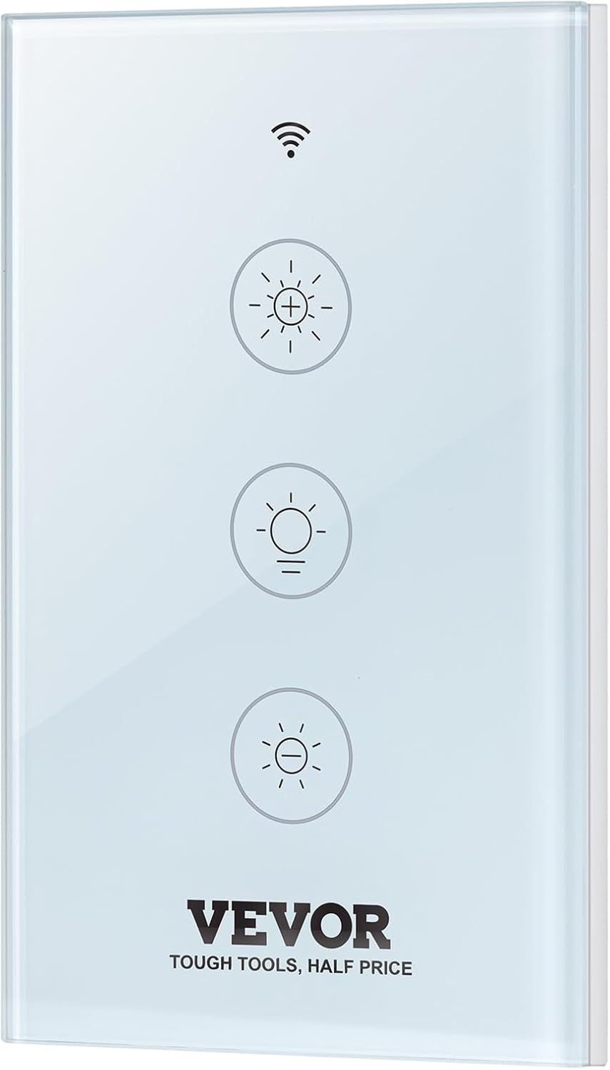 VEVOR Smart Dimmer Switch, Wi-Fi 2.4GHz, Dimmable Smart Switch with Tempered Glass Touch Panel, 15% to 85% Stepless Dimming, Voice App Remote Control, Works with Alexa Google Home, for LED Lights