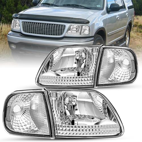 JSBOYAT 4pcs Headlight Assembly Headlamp with Corner Light For 97-03 Ford F-150 04 Ford F150 Heritage 97-02 Ford Expedition 97-99 F250 Chrome Housing with Clear Reflector