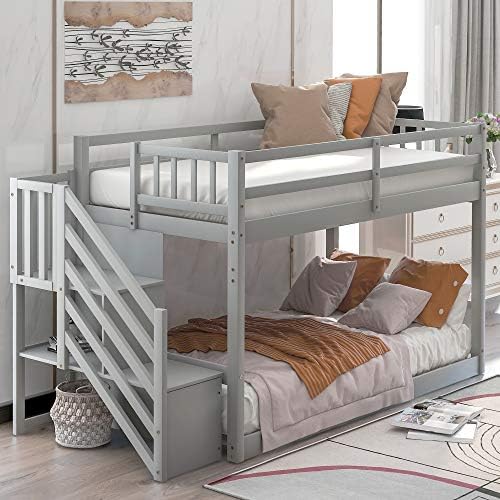 Bellemave, Stairway Low Bunk Beds Twin Over Twin with Storage Shelf Wood Kids Bed Bedroom with Full-Length Guard Rail Easy Assembly (Grey)