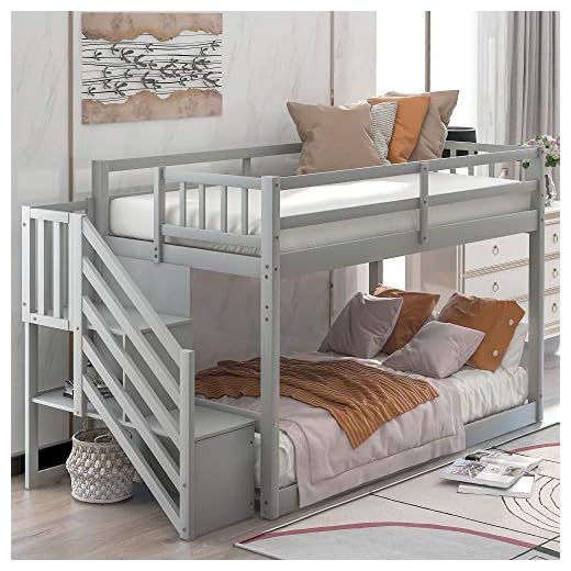 MOEO Twin Over Twin Floor Bunk Bed with Stairs and Storage Shelves for Bedroom, Dorm, Kids, Teens, No Box Spring Required (Gray)