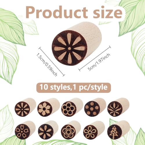 PLIGREAT 10 Pcs Round Wooden Carved Stamps Clay Modeling Pattern Stamp Kit Pottery Tools Stamp Natural Wood Block Stampers with Mixed Patterns for Clay Ceramic DIY Crafts