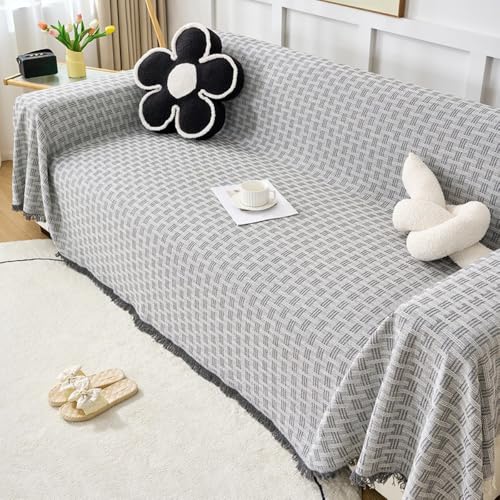 Blausky 90 x 180 cm Manta para sofá de 1/2/3/4 plazas, antideslizante, protección para sofá, manta versátil para sofá, gato, funda con borlas decorativas para mascotas, gris