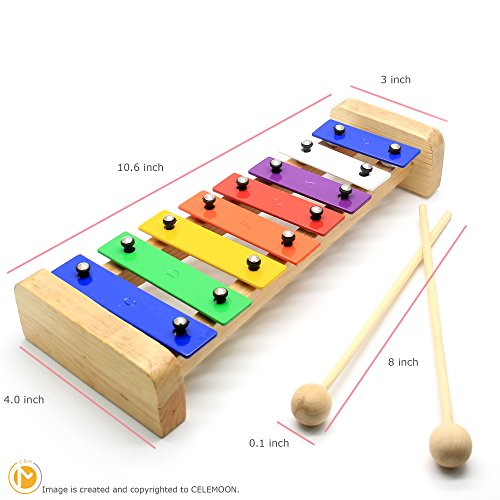 CELEMOON Natural Wooden Toddler Xylophone Glockenspiel For Kids with Multi-Colored Metal Bars Included Two Set of Child-Safe Wooden Mallets (8-tone) - Thumbnail 5