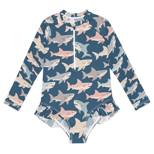 ALAZA Retro Fish Shark Girls One Piece Swimsuit Long Sleeve Rash Guard Swimsuits UV 50+ Swimwear Zipper