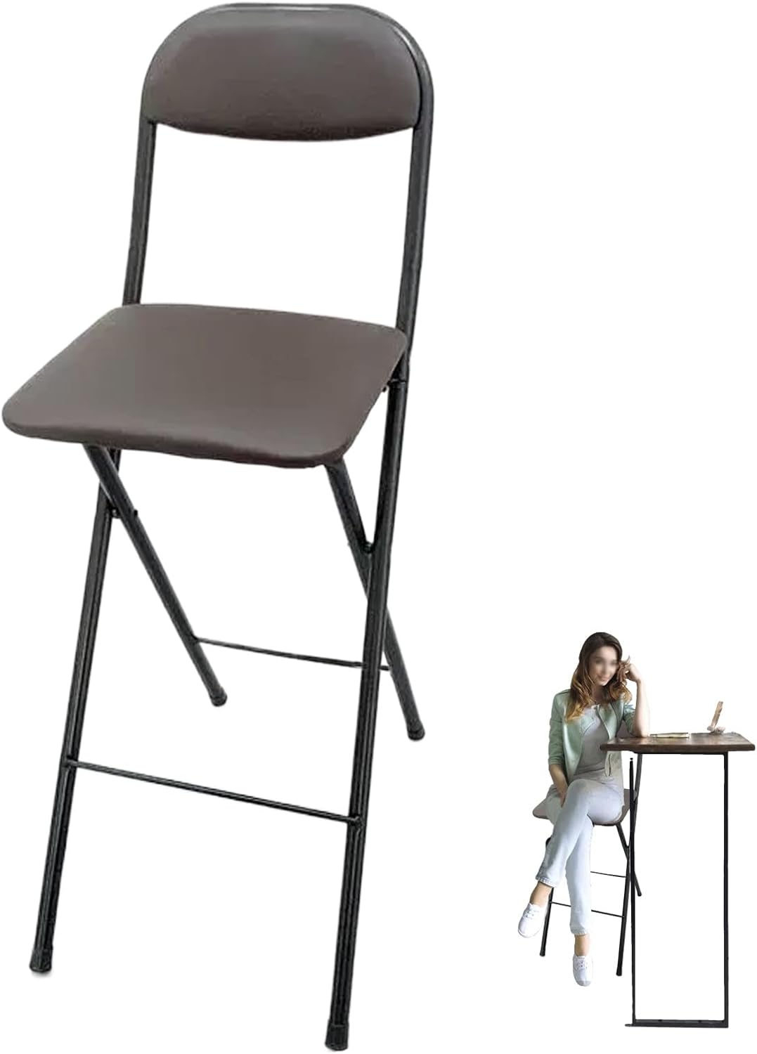 Cushioned Padded Folding Stool with Backrest, 60/65/70cm Brown Folding Breakfast Bar Stool Chair, Portable Tall Bar Stool, Foldable Kitchen Chair, Counter High Chair (Size :