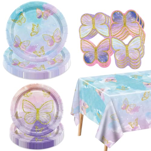 61 peças de decorações de aniversário de borboleta: Pratos, guardanapos e toalha de mesa para festas de fadas - suprimentos para celebrações