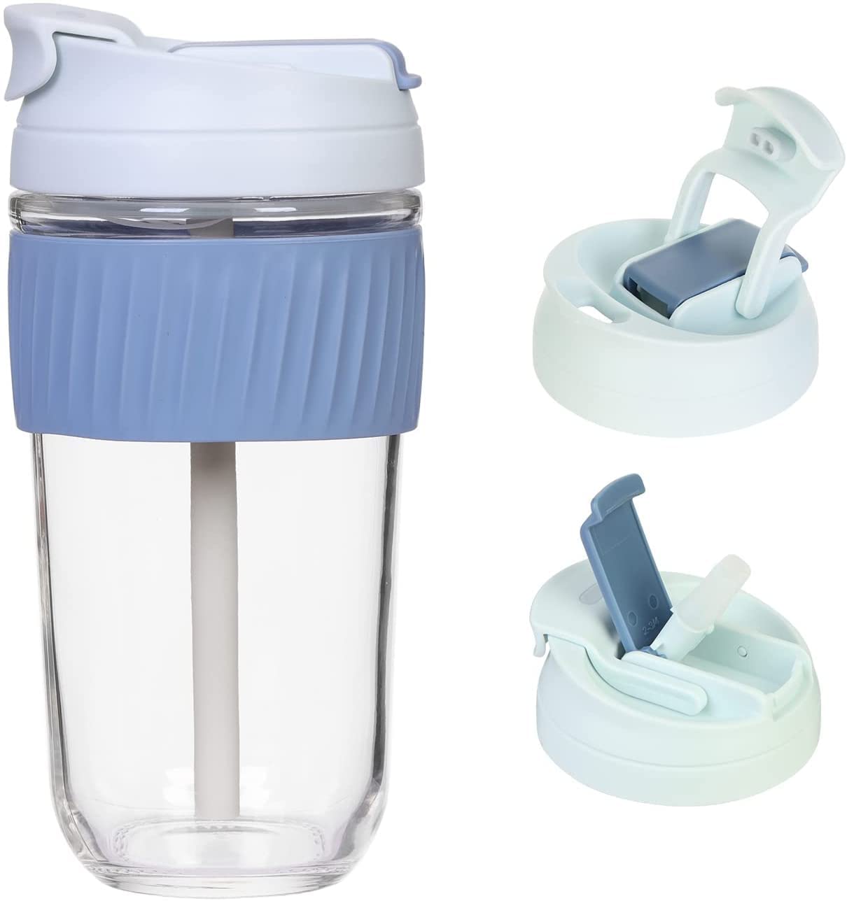 KELVEE Leak Proof Glass Travel Coffee and Juice Mug with Lid & Straw, Anti-Slip Silicone Band, Leak-Proof Travel Cup Sipper Bottle for Hot & Cold Drinks Pack of 1 (Dual Sipper)