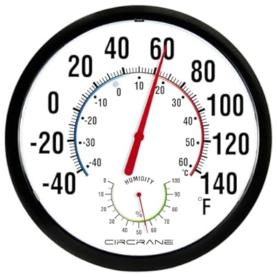 Circrane 13.25 Inch Round Thermometer with Hygrometer, Large Indoor Wall Thermometer Patio Bimetal Weather Thermometer, No Battery Required, Black