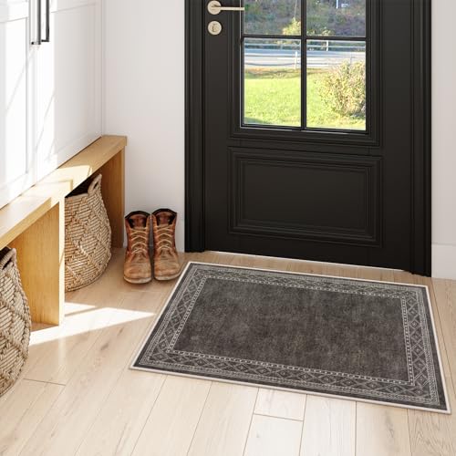 Image of Lahome Modern Bordered Kitchen Rugs Non Slip Washable, 2x3 Rugs for Entryway Ultra-Thin Soft Door Mat Indoor Entrance Rubberback Throw Carpet for Bathroom Bedroom Front Door(2x3ft,Brown)