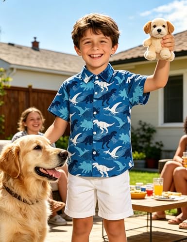 Image of Boys Hawaiian Shirt Kids Button Down Aloha Beach Hawaii Tops 5-14Y | Quick Dry, Breathable, Cooling & Lightweight, For Summer Vacation Holiday, Fourth of July, Youth, Teen, Shark, Dinosaur