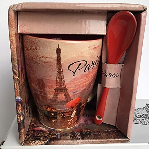 Vianaya Mug Paris Eiffel Tower and other Paris Monuments - Lovers of Paris Under an Umbrella Design - Medium 10.5 cm Including a Spoon - Pink Red and Brown - Satin Look Cover