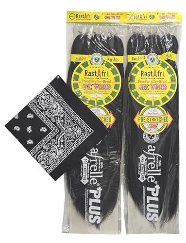 RastAfri Pre-Stretched Silky Braiding Hair 3X with Bandana - 2 Packs (#1B)