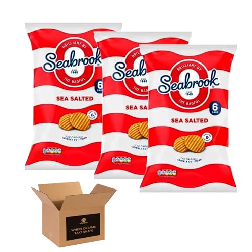 Seabrook Crispy Chips – Original Crinkle Cut Flavoured Crisps, Classic British Snack for Kids and Adults, Lunchbox, Movie Nights, Traveling – 6 Snack Bags (Pack 3, 6xSea Salted)