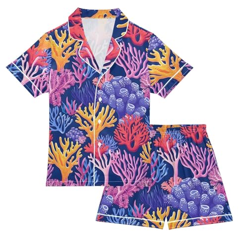 ALAZA Coral Reef Sea Satin Pajamas Set Short Sleeve Button Down Sleepwear Summer Pjs 2 Piece