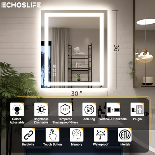 30"x36" LED Bathroom Mirror with Lights, Front and Backlit Mirror, Anti-Fog Vanity Mirror with Lights, Stepless Dimmable LED Mirror, 3 Colors Smart (Horizontal/Vertical)