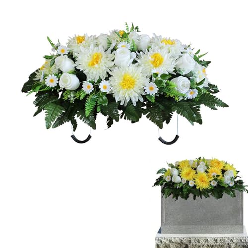 Sillín de flores artificiales de cementerio para tumbas, silla de flores de gerbera de rosas para decoración de tumbas al aire libre, flores conmemorativas de cementerio para decoración de lápidas de