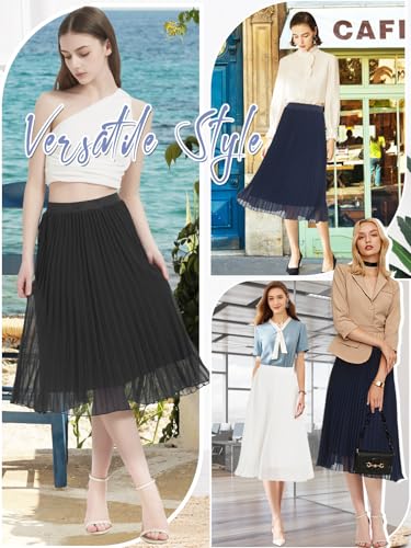 Kefiyis Women's Pleated Skirt Long Ladies Skirts Elasticated Waist Midi Summer Skirts Flowy Chiffon A Line Skirt Casual Black M - Image 6