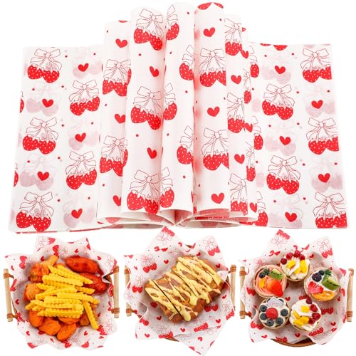 Supervitae 150 Pcs Valentine Wax Paper Sheets For Food Baking Sandwich Wrapping Tissue Heart Parchment Paper Greaseproof Waterproof Basket Liners For Picnic Valentine Party Favors(Strawberry Bow)