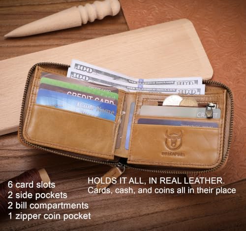 Image of BULLCAPTAIN Men's Leather Wallet Zipper Around RFID Blocking Wallets Bifold Multi Card Holder Purse (Yellow-brown)
