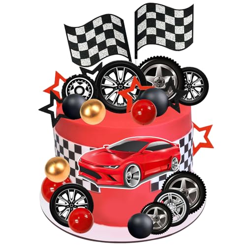 Decoration Gateau Anniversaires Voitures, 27 PCS Rouge Voitures Cake Toppers,Cupcake Toppers,Deco Gâteau Enfant Anniversaire, Gâteau Toppers pour Décoration...