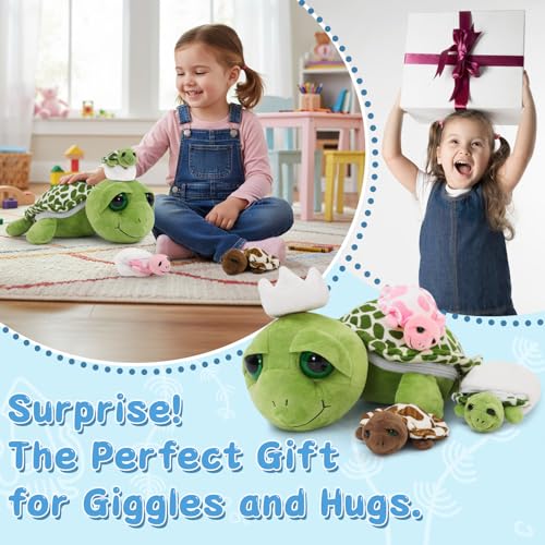 Image of Turtle Stuffed Animals with 3 Babies, 14 inch Sea Turtle Plush, Green
