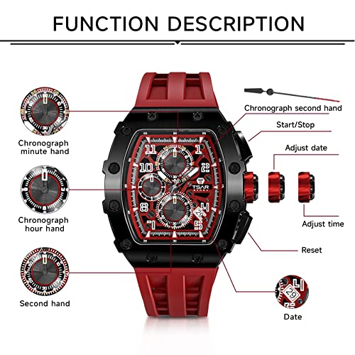 Tonneau Mens Luxury Watch 50M Waterproof Luminous Date Chronograph Wrist Watch with Japanese Quartz Movement Sapphire Crystal Silicone Strap Fashion Sport Watches Gift for Men4