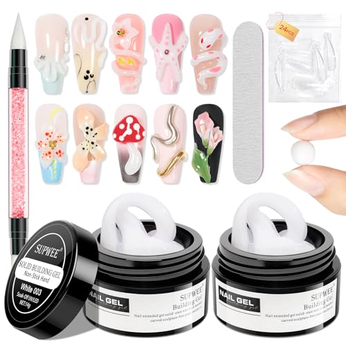 SUPWEE Gel sólido para uñas de mano antiadherente, 2 unidades, color blanco, 3D, escultura de arte de uñas, para tallar patrones, repujado, duro, para uñas, Mnicure, 14 g