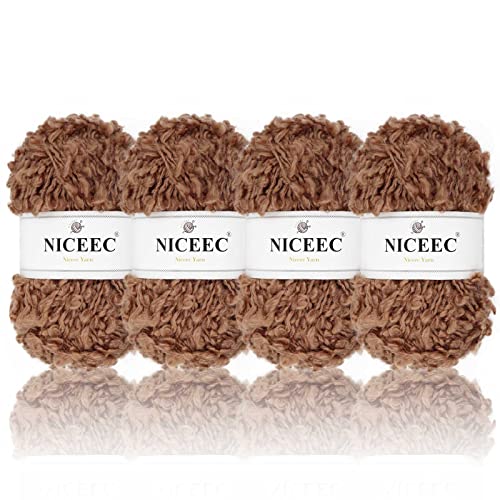 Niceec 4 Skeins Fancy Loop Yarn Soft Soft Novelty Yarn For Diy Craft Fashion Yarn For Crochet Knitting Boucle Yarn Fingering Weight Yarn Totle Length 4×65Yds(4×1.76Oz)-Teddy #TOP16