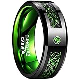 Design: Unique 8mm mens wedding bands features green polished interior & black polished beveled edges with Celtic dragon, carbon fiber and cz inlay, comfortable for everyday wear Material: Made from tungsten carbide, which is durable and scratch resi...