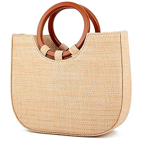 Straw Crossbody Bags For Women Beach Purse Woven Tote Shoulder Handbag Summer Vacation Wooden Top Handle Boho Fashion Rattan Bag Khaki #TOP6