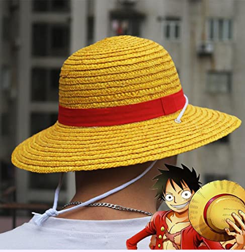 Image of Yellow Cosplay Straw Cap Anime Luffy Flat Hats One Piece Japanese Cartoon Props Hat Boy Girl Beach Sun Hat