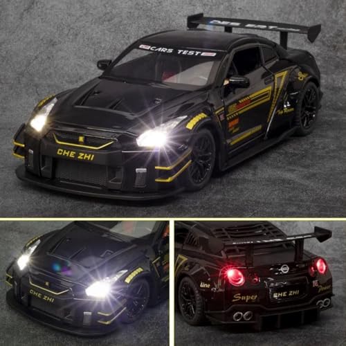 Image of 1:24 Scale Nissaan GTR Model Alloy Metal Pull Back Toy car for Kids with Openable Doors & Light, Music Toy Vehicle for Kids (1:24 Nissaan GTR (Black))