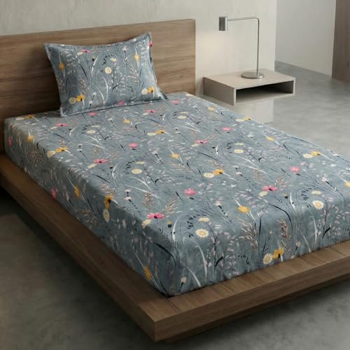 Image of Home Sizzler Floral Print Microfibre Single Bedsheet with 1 Pillow Cover - Grey & Pink