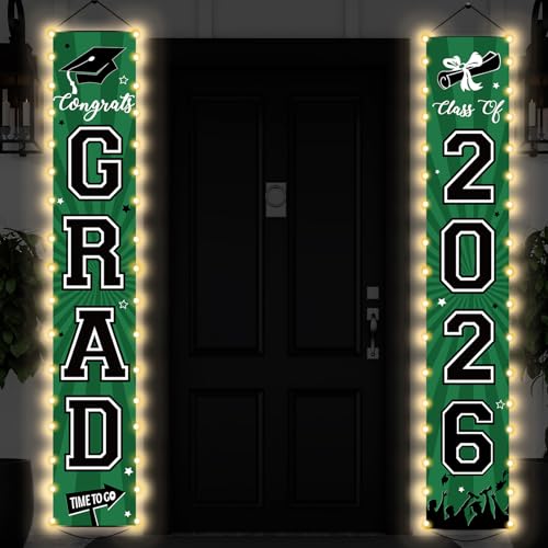 Image of 2026 Graduation Banners Lighted Decor Class of 2026 Congrats Grad Porch Sign Party Banners Supplies with LED Light Welcome Hanging Door Decorations for Indoor Outdoor(Green and Black)