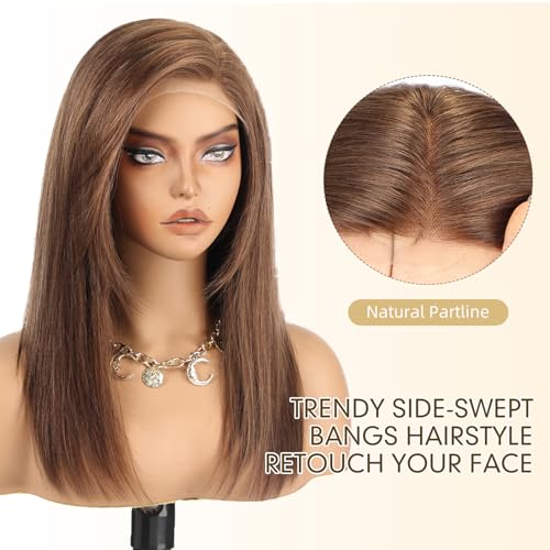 Image of KKU 100% Human Hair Wigs for Women,Real Human Hair Wigs,Side Swept Bangs Lace Front Wig(16 Inch,Chestnut Brown)
