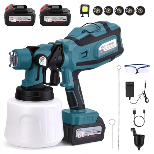 Pistola Pintura con Batería de 21 V, Pulverizador de Pintura con 3 Patrones de Rociado, HVLP Pistola con 2 Baterías de 4000 mAh y lámpara，Cargador para Cercas, Paredes, Techos y Pintura del Hogar.